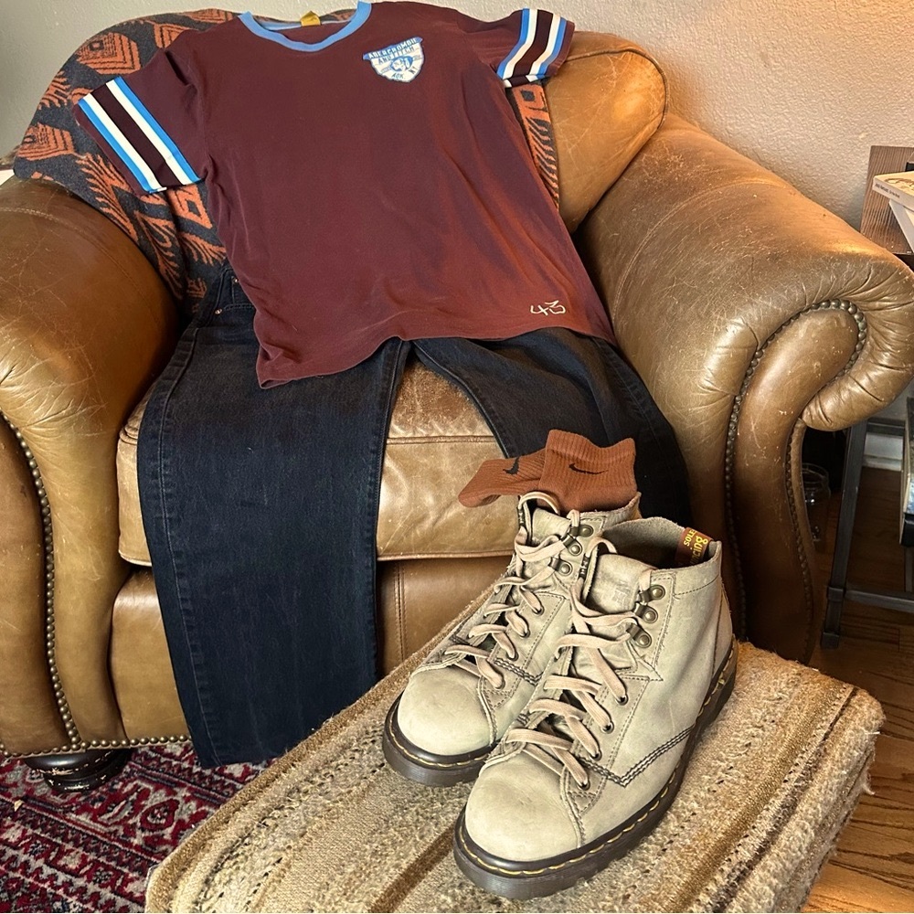 Vintage Burgundy and Carolina Blue T-Shirt w/ Embroidered Patch and “43” Stitch